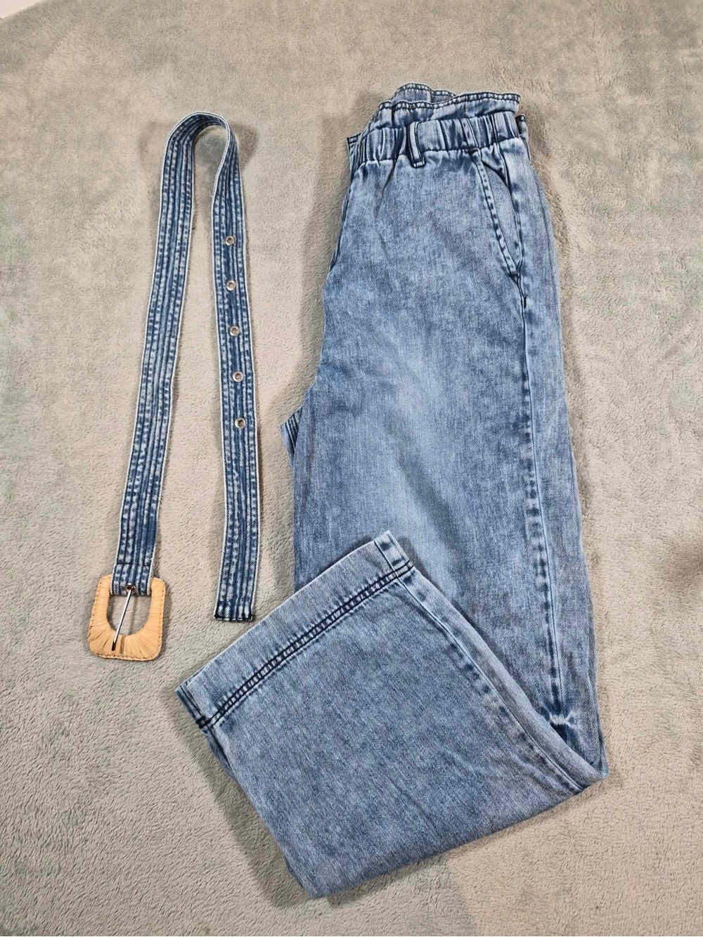 Sam Edelman Acid Wash Paperbag Waist Wide Leg Denim Trousers Belted Size 28